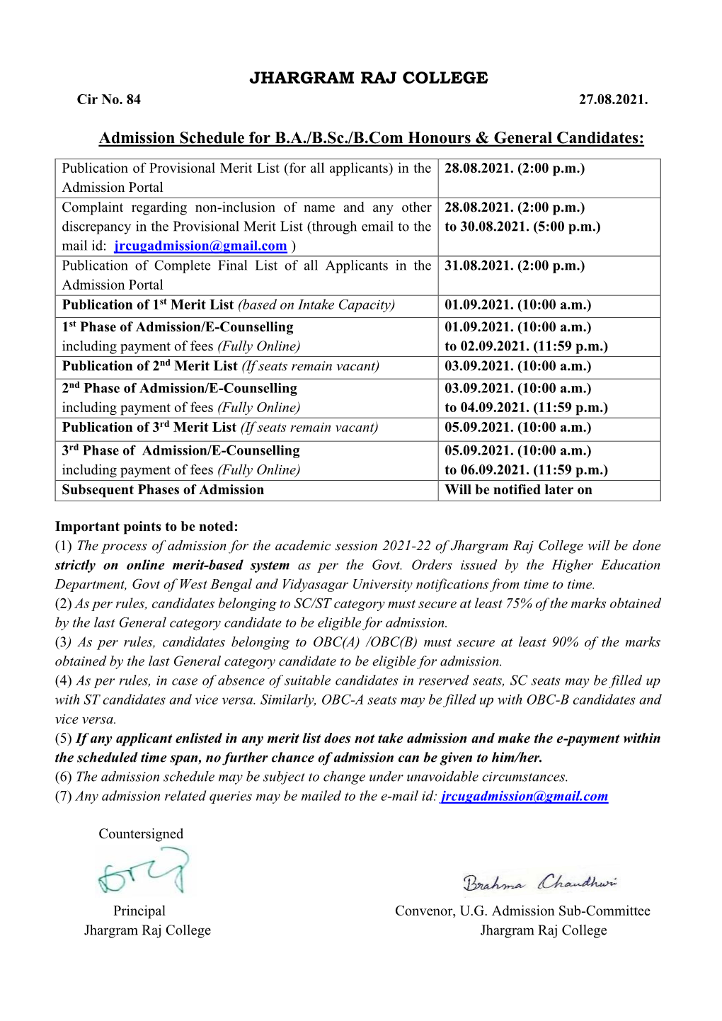 UG Admission Schedule 2021-2022