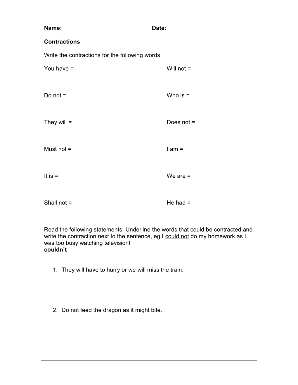 Write the Contractions for the Following Words