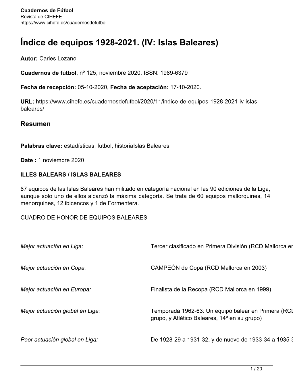 Índice De Equipos 1928-2021. (IV: Islas Baleares)