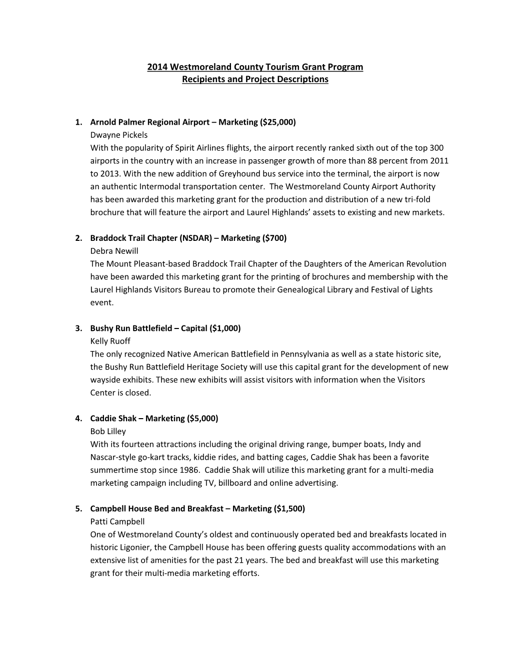 2014 Westmoreland County Tourism Grant Program Recipients and Project Descriptions