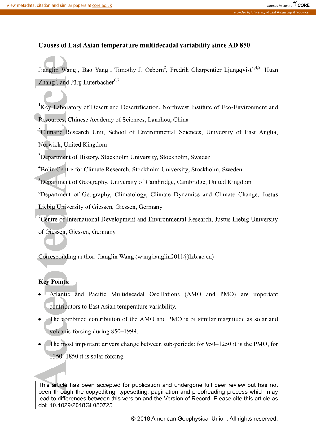 Causes of East Asian Temperature Multidecadal Variability Since AD 850