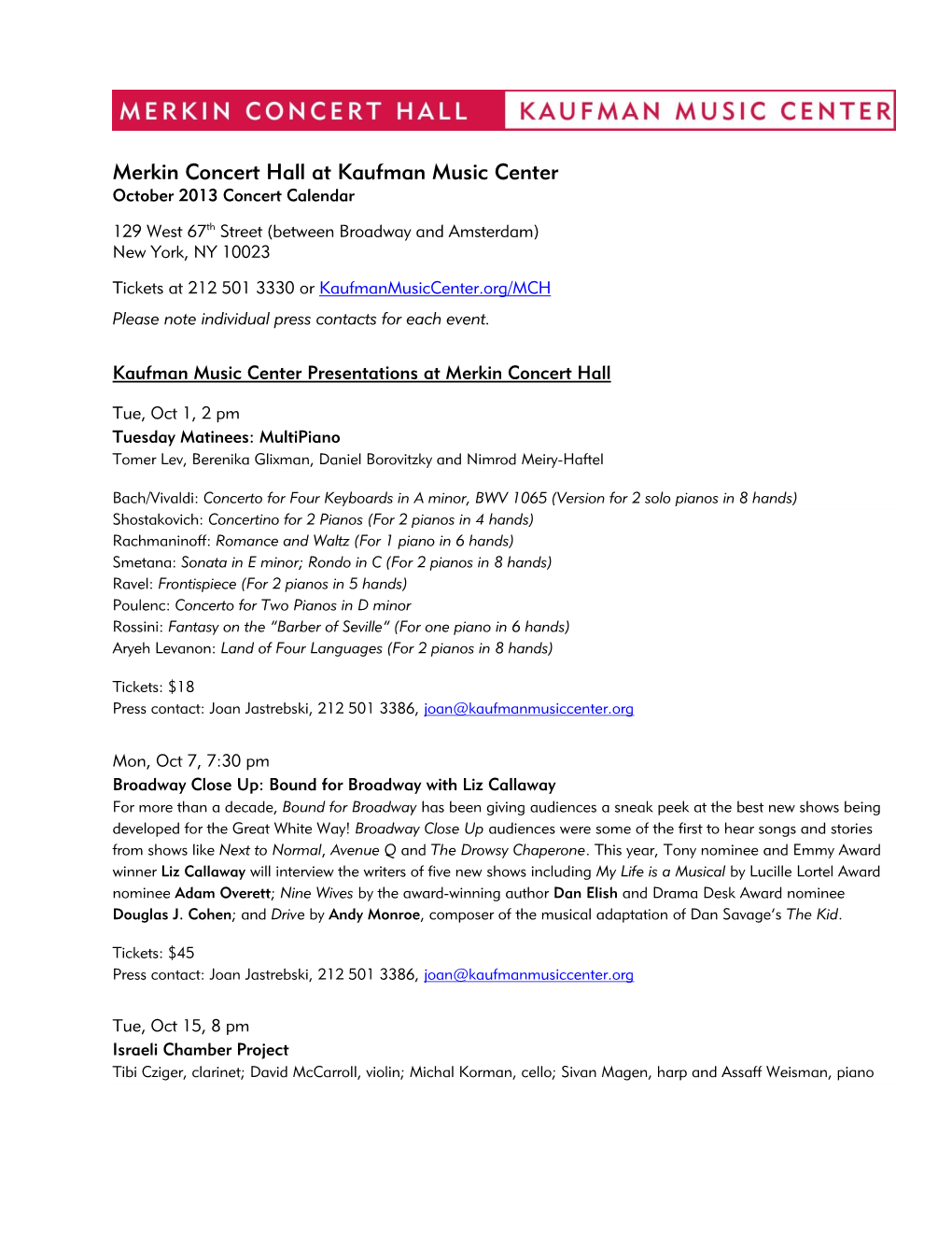 Merkin Concert Hall at Kaufman Music Center October 2013 Concert Calendar