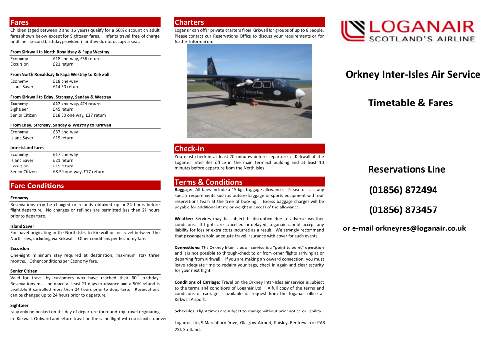 Orkney Inter-Isles Air Service Timetable & Fares