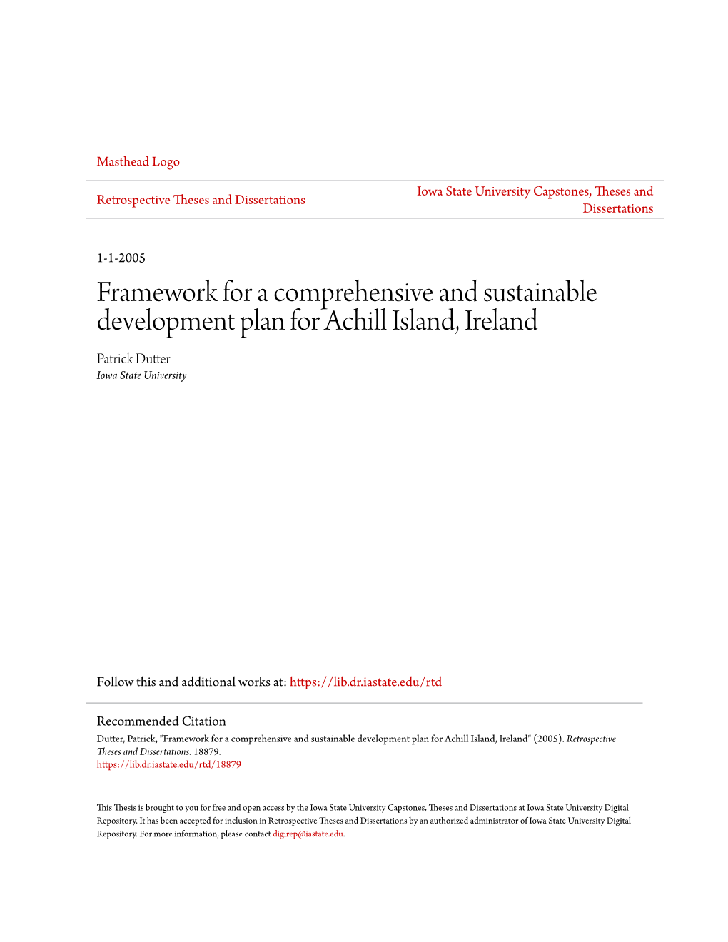 Framework for a Comprehensive and Sustainable Development Plan for Achill Island, Ireland Patrick Dutter Iowa State University