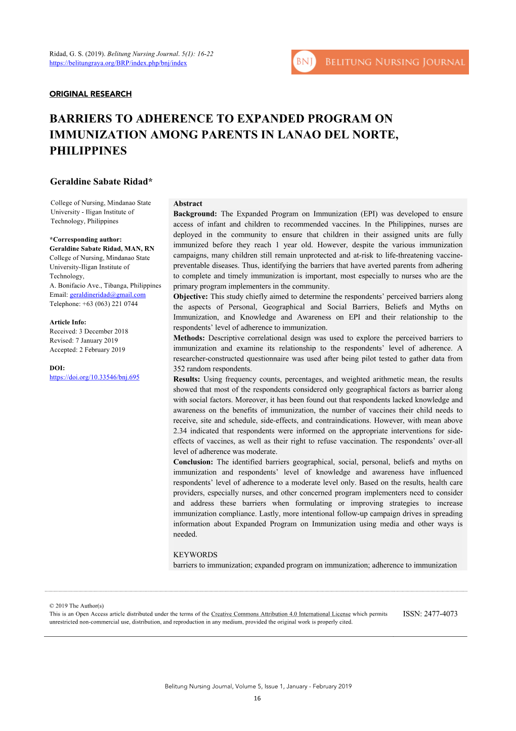 Barriers to Adherence to Expanded Program on Immunization Among Parents in Lanao Del Norte, Philippines