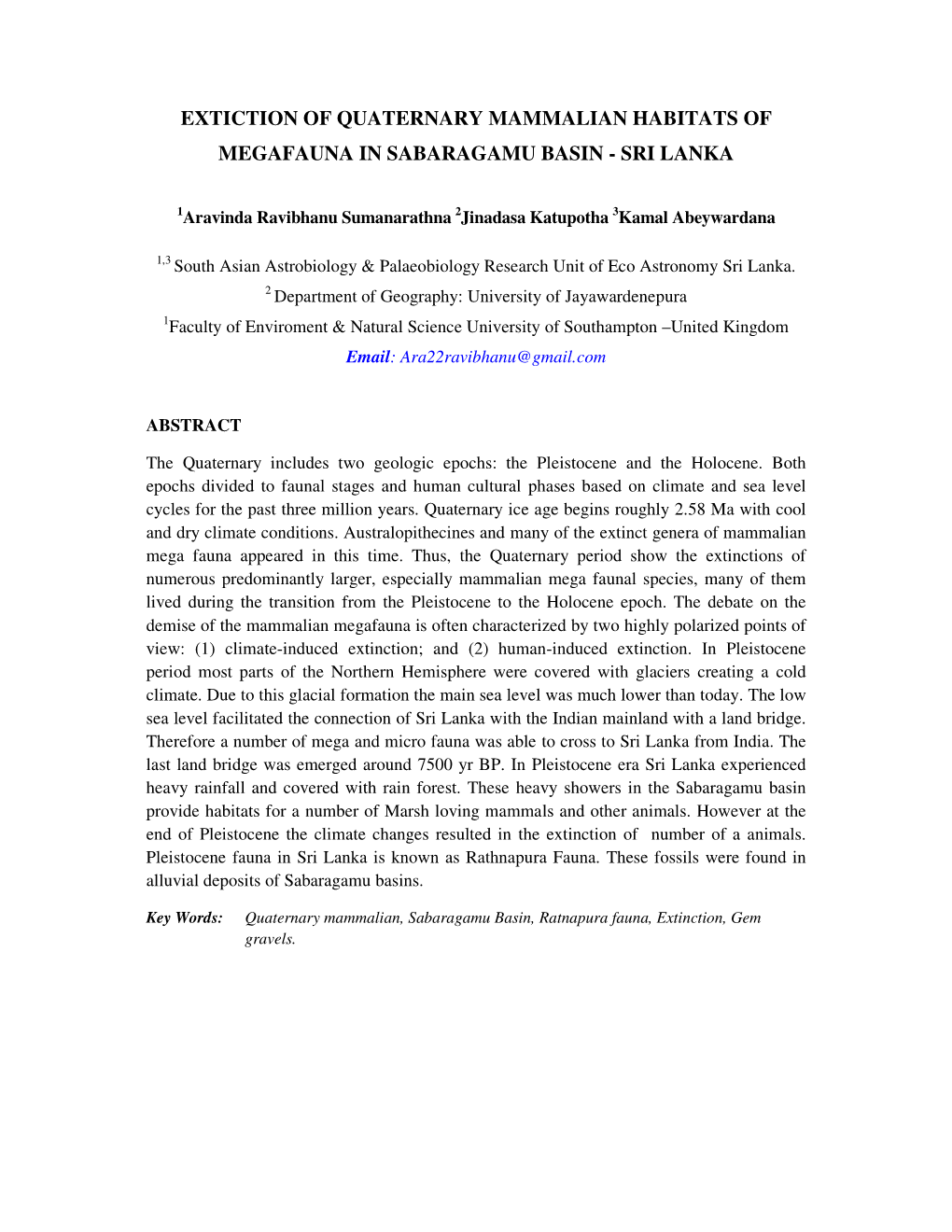 Extiction of Quaternary Mammalian Habitats of Megafauna in Sabaragamu Basin - Sri Lanka