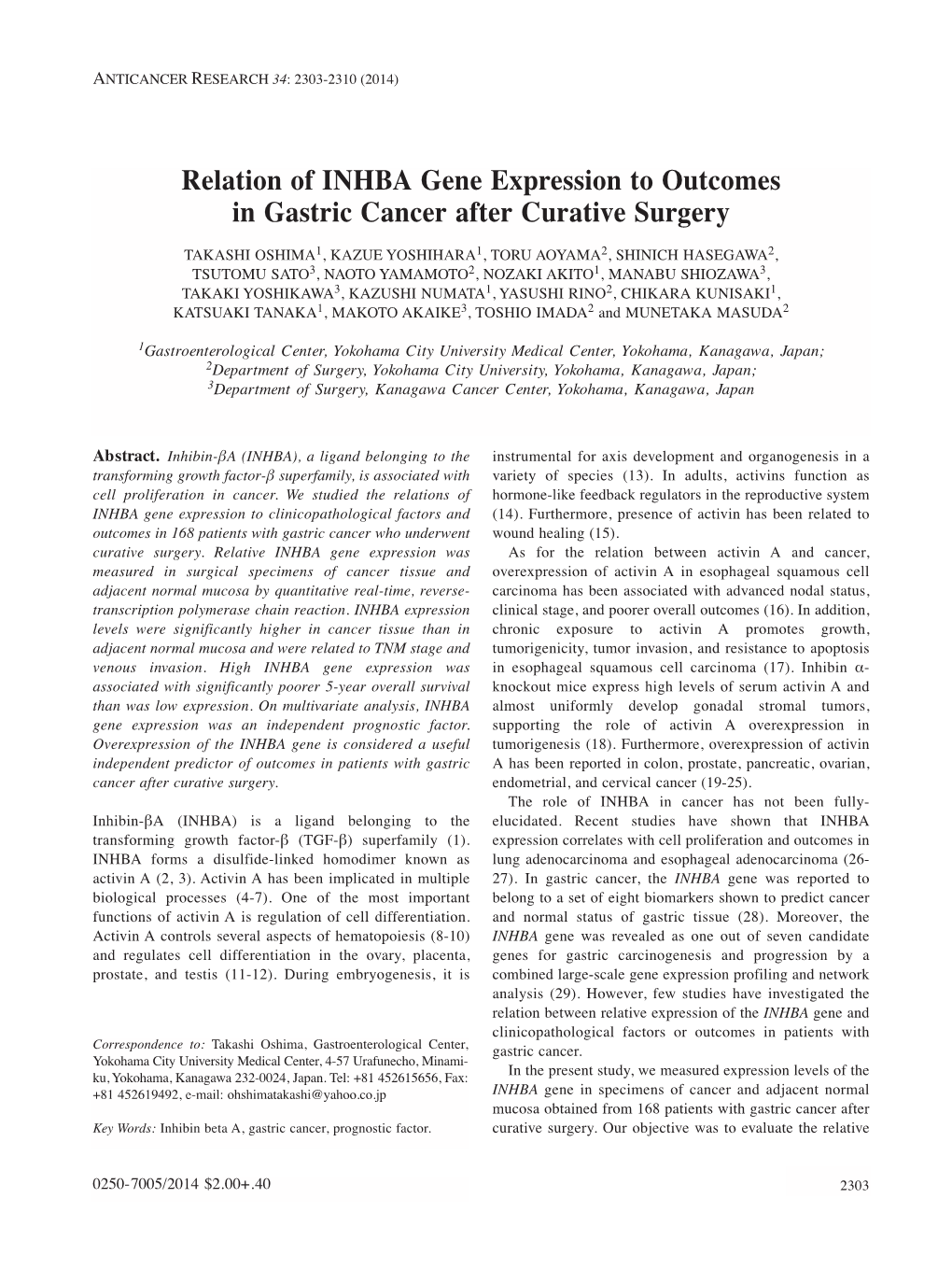 Relation of INHBA Gene Expression to Outcomes in Gastric Cancer After Curative Surgery