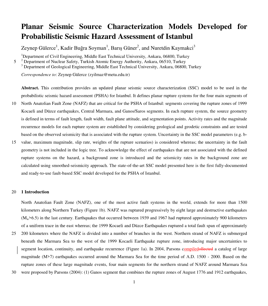 Planar Seismic Source Characterization Models Developed for Probabilistic Seismic Hazard Assessment of Istanbul