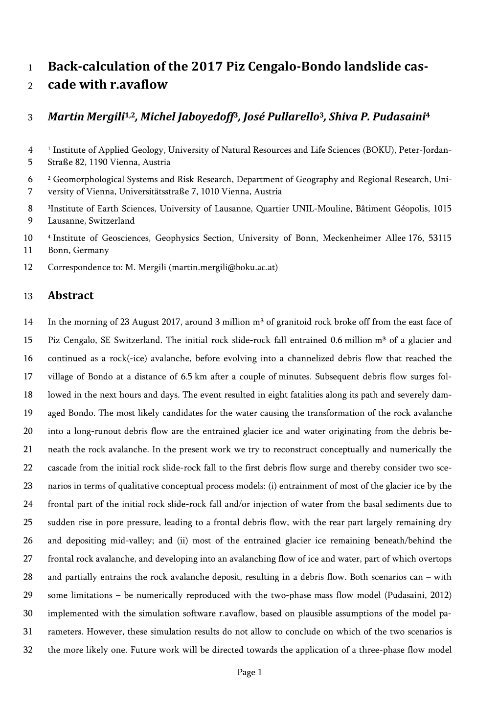 Back-Calculation of the 2017 Piz Cengalo-Bondo Landslide Cas- 2 Cade with R.Avaflow