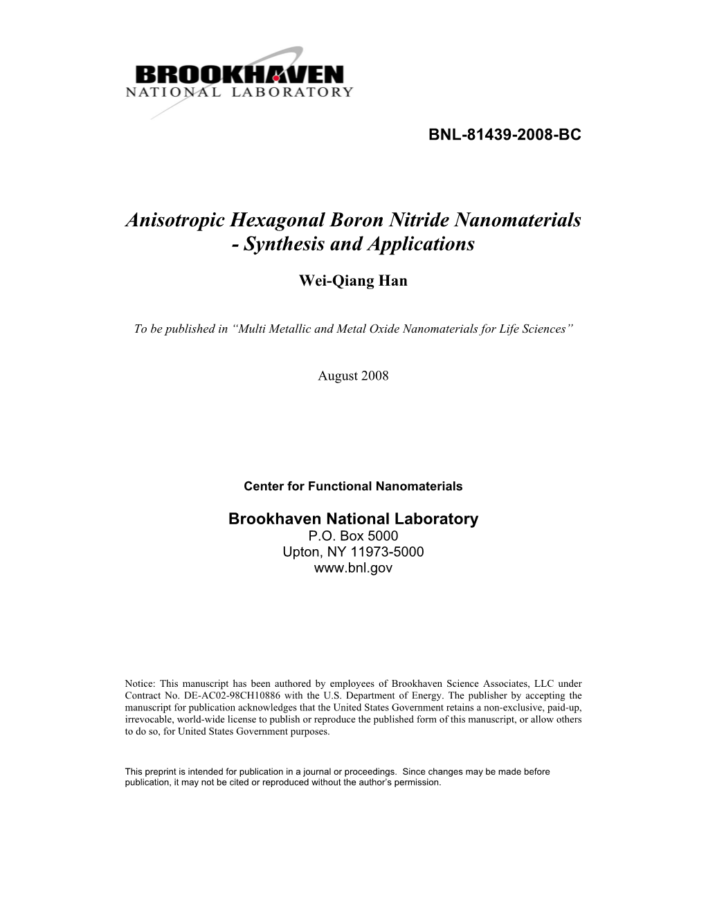 Anisotropic Hexagonal Boron Nitride Nanomaterials - Synthesis and Applications