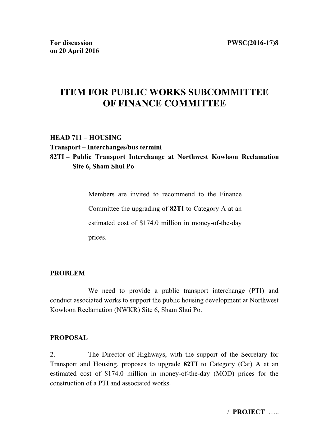 Item for Public Works Subcommittee of Finance Committee