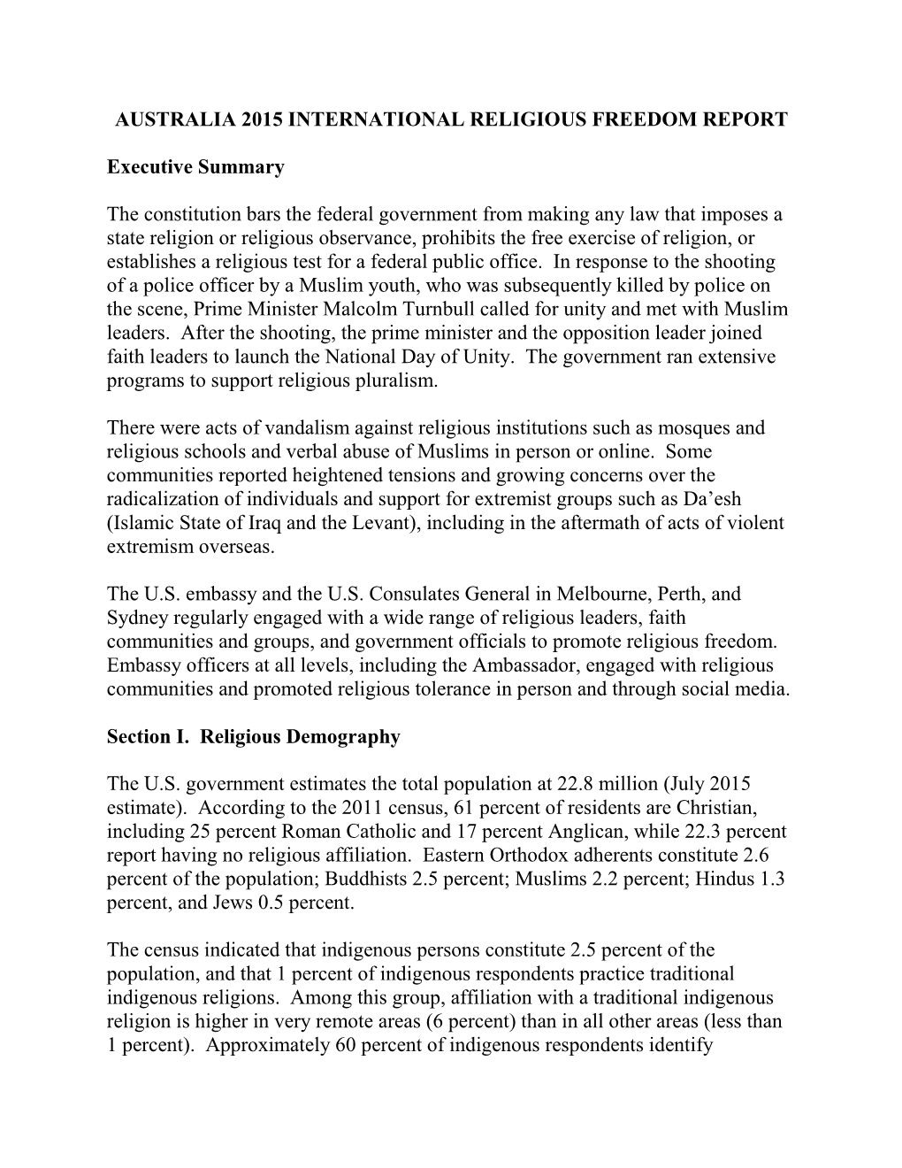 Australia 2015 International Religious Freedom Report