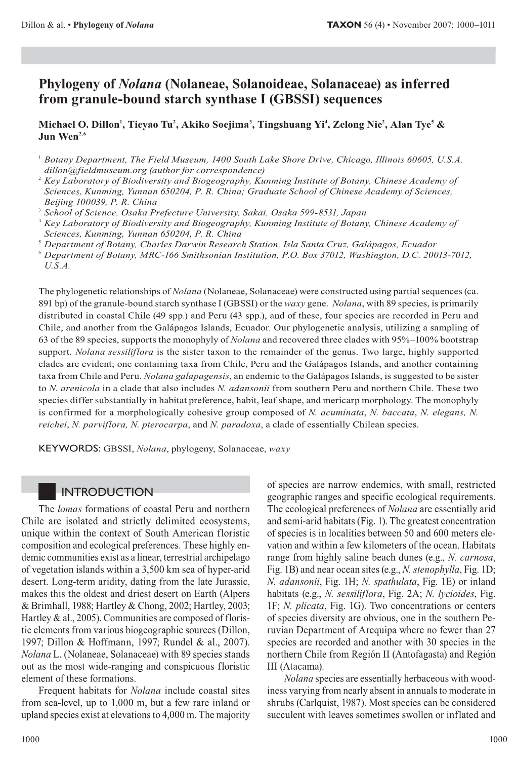 Phylogeny of Nolana (Nolaneae, Solanoideae, Solanaceae) As Inferred from Granule-Bound Starch Synthase I (GBSSI) Sequences