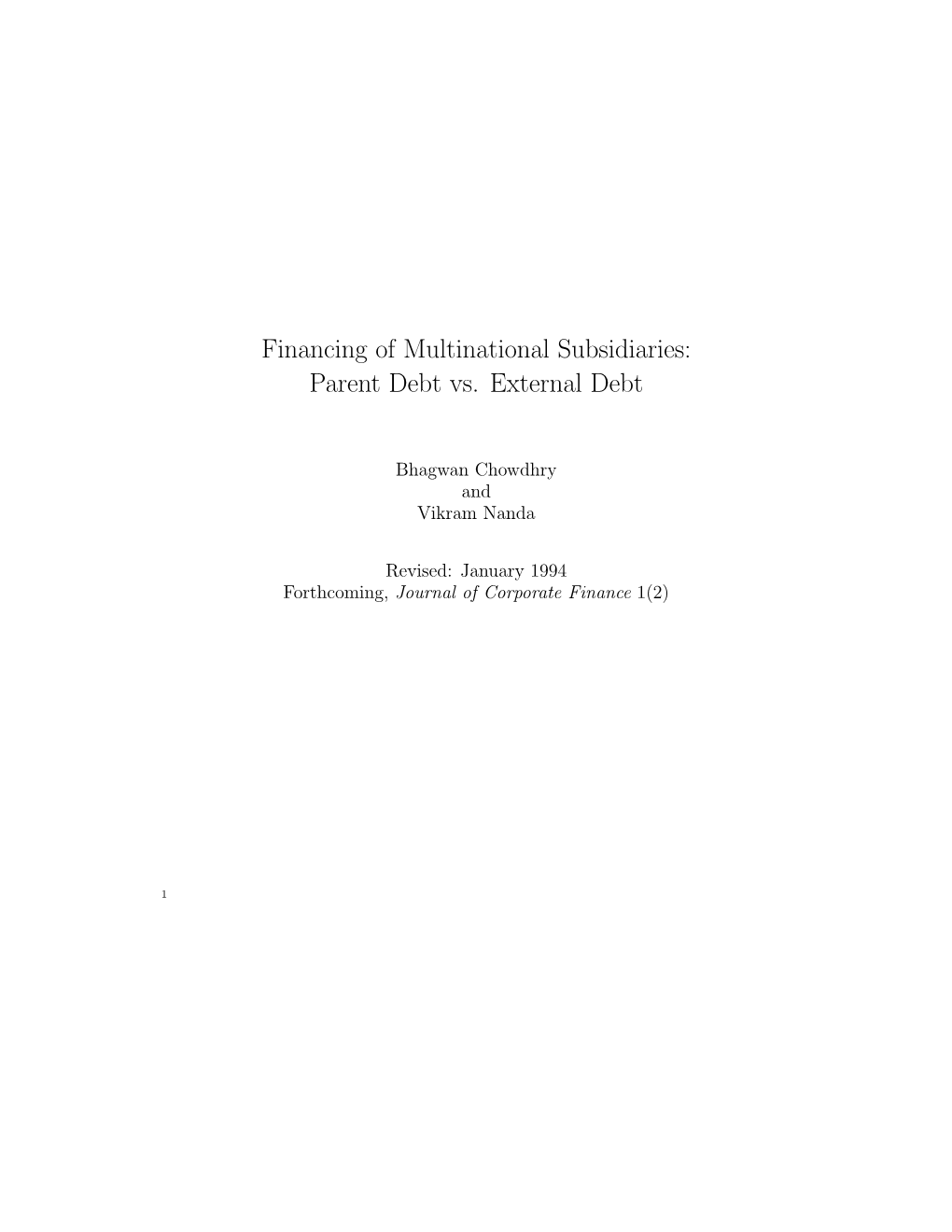 Financing of Multinational Subsidiaries: Parent Debt Vs