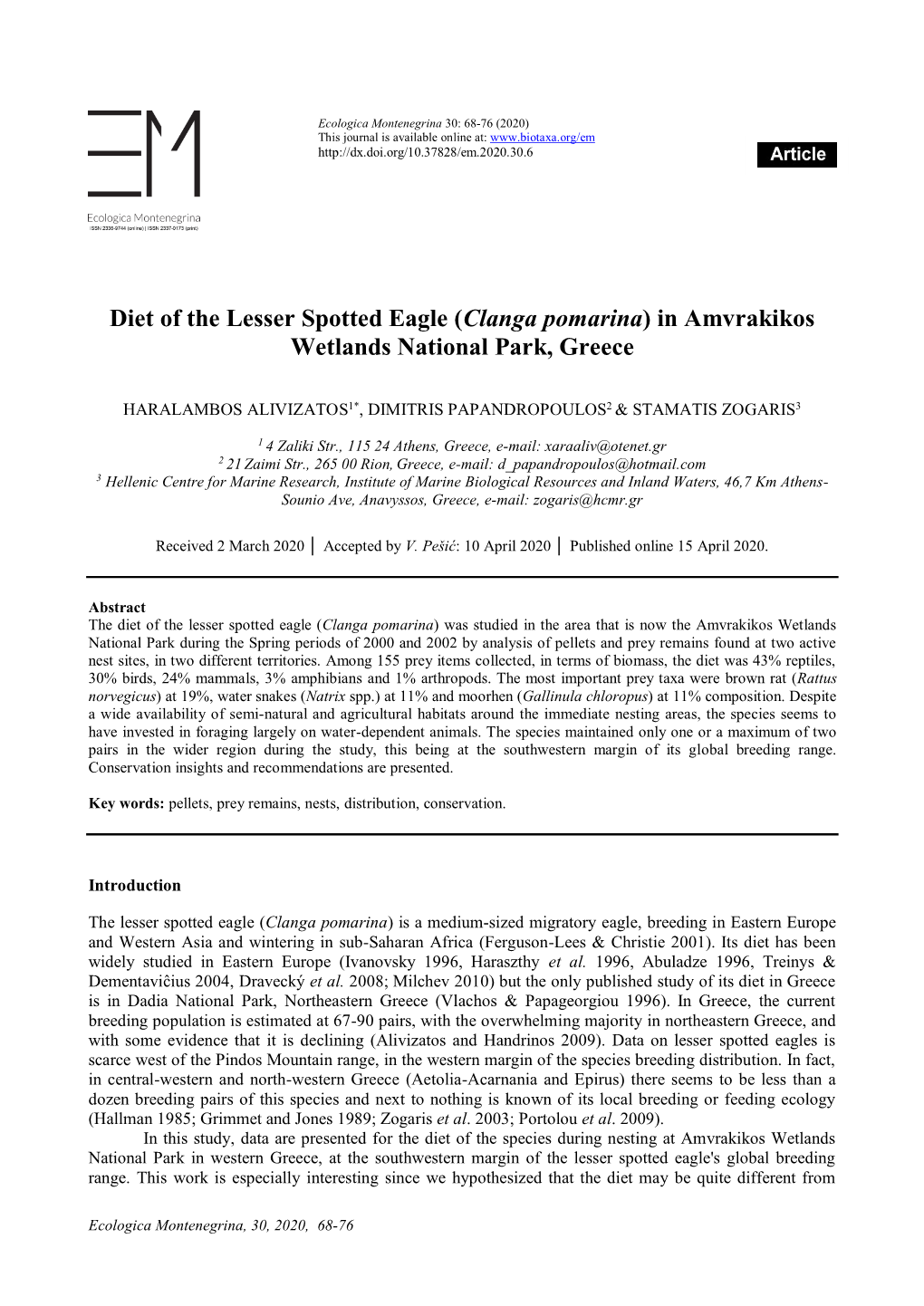 Diet of the Lesser Spotted Eagle (Clanga Pomarina) in Amvrakikos Wetlands National Park, Greece