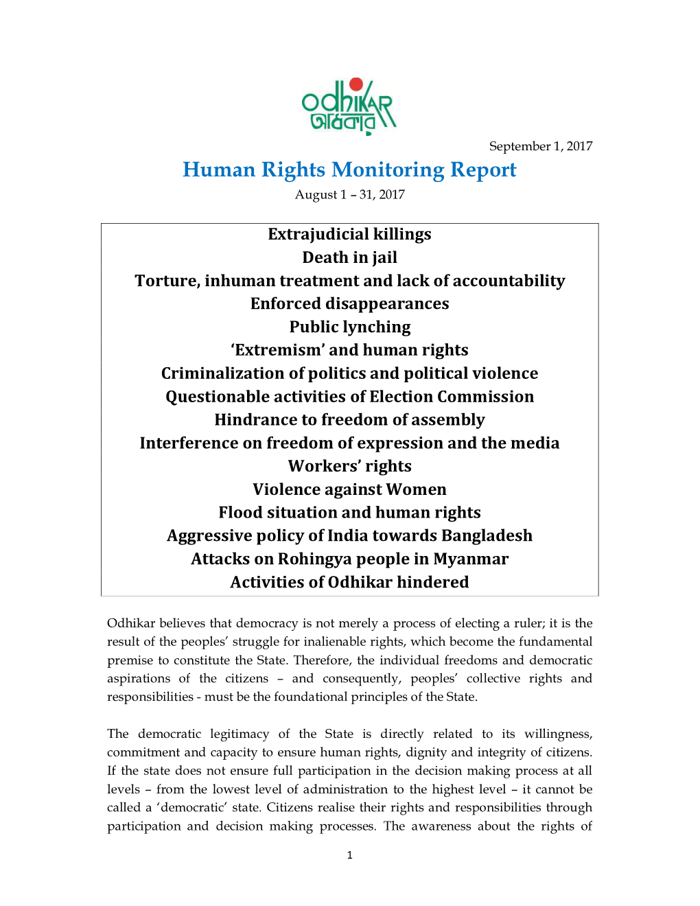 Odhikar's August Human Rights Monitoring Report For