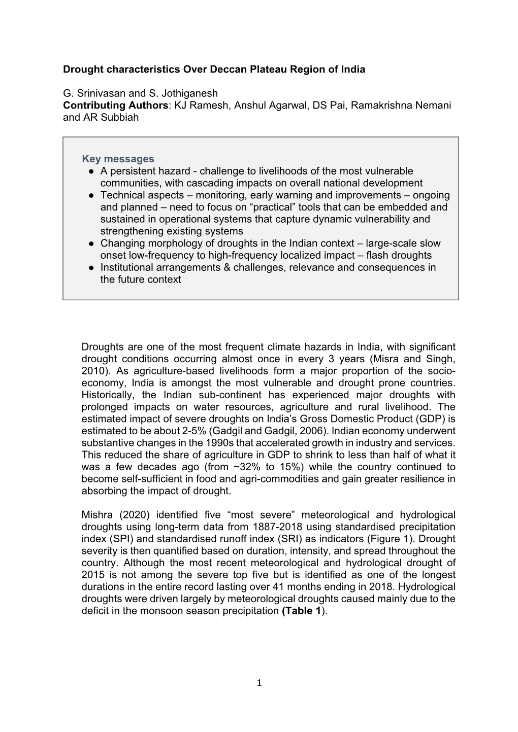 1 Drought Characteristics Over Deccan Plateau Region of India G