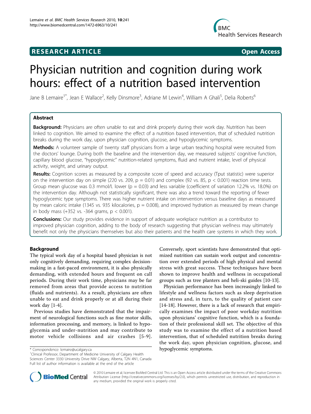 Physician Nutrition and Cognition During Work Hours: Effect of A