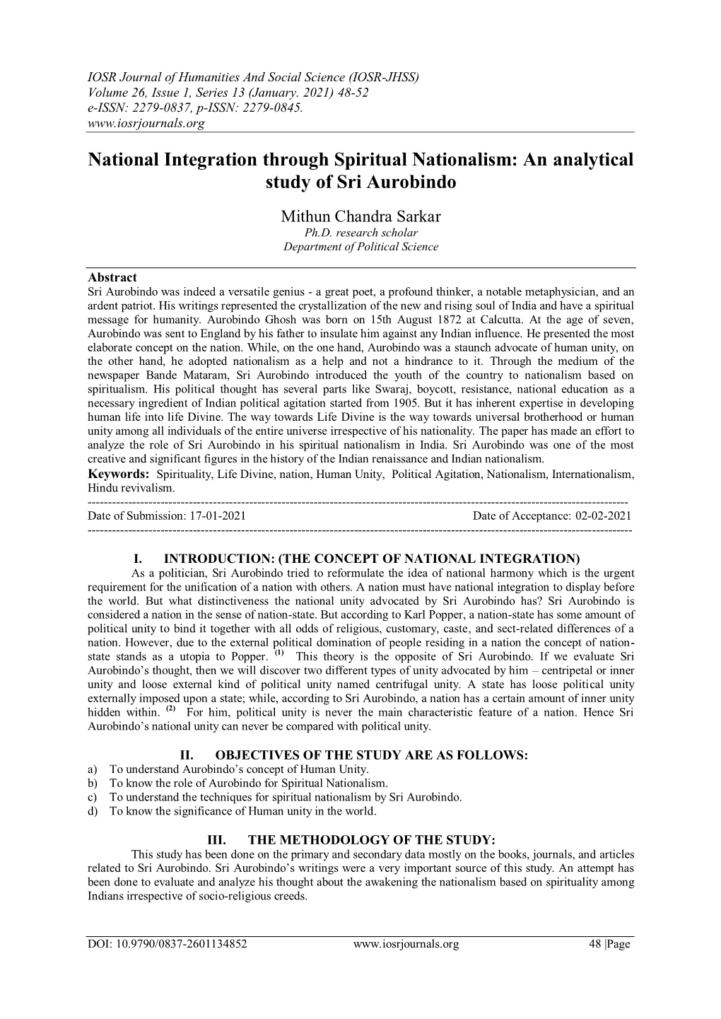 National Integration Through Spiritual Nationalism: an Analytical Study of Sri Aurobindo