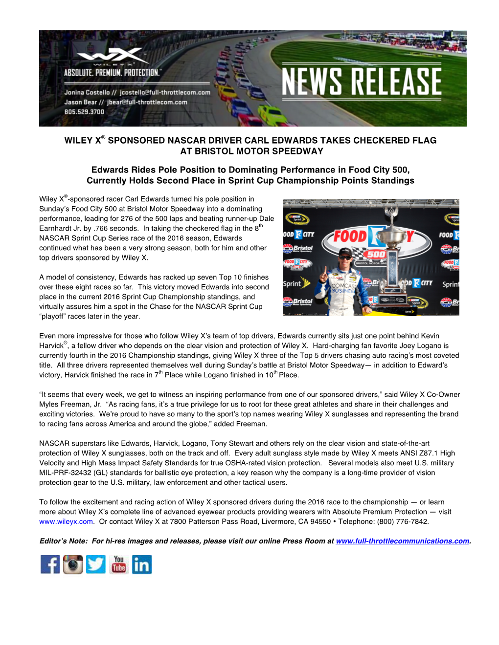Wiley X® Sponsored Nascar Driver Carl Edwards Takes Checkered Flag at Bristol Motor Speedway