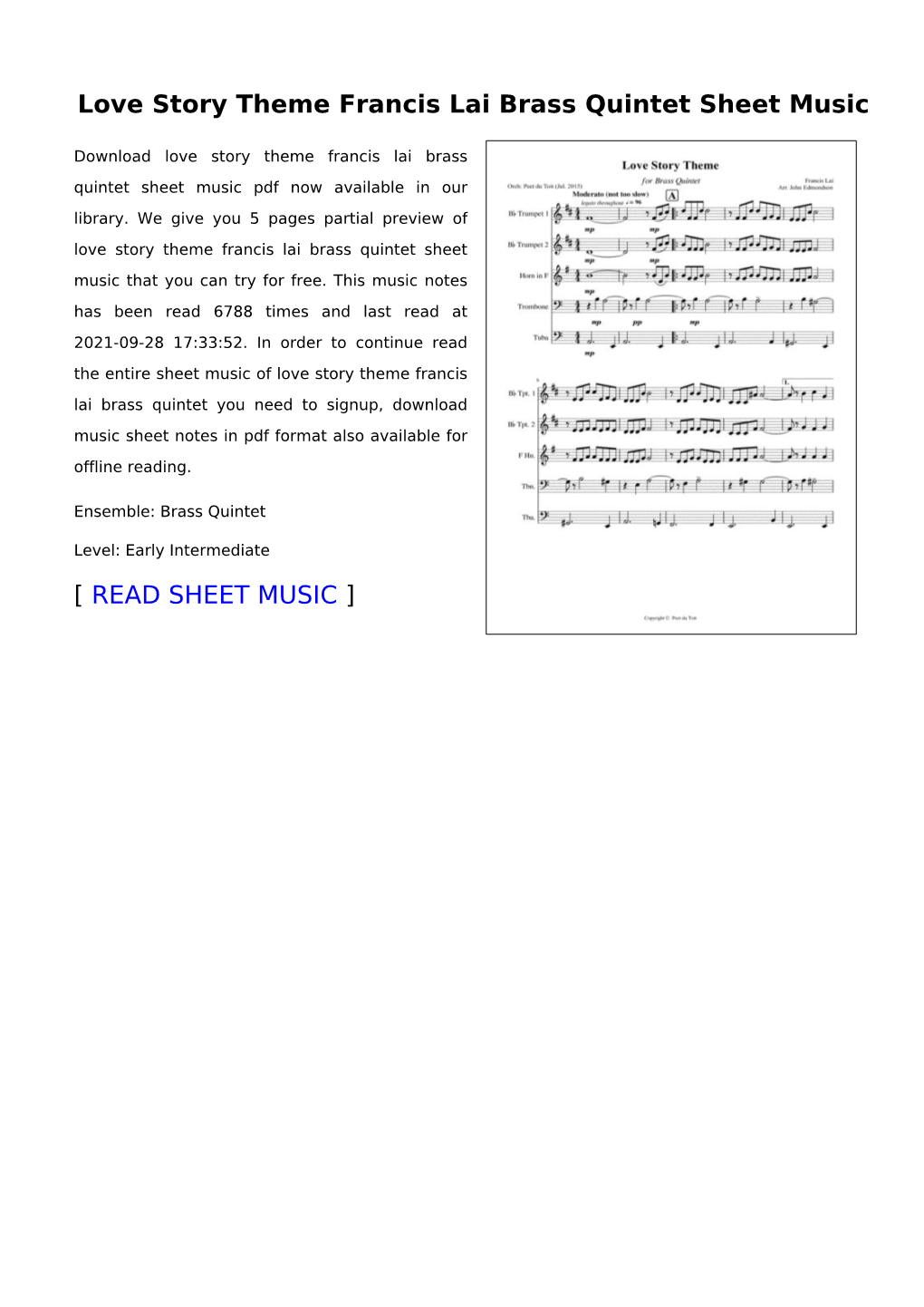 Love Story Theme Francis Lai Brass Quintet Sheet Music