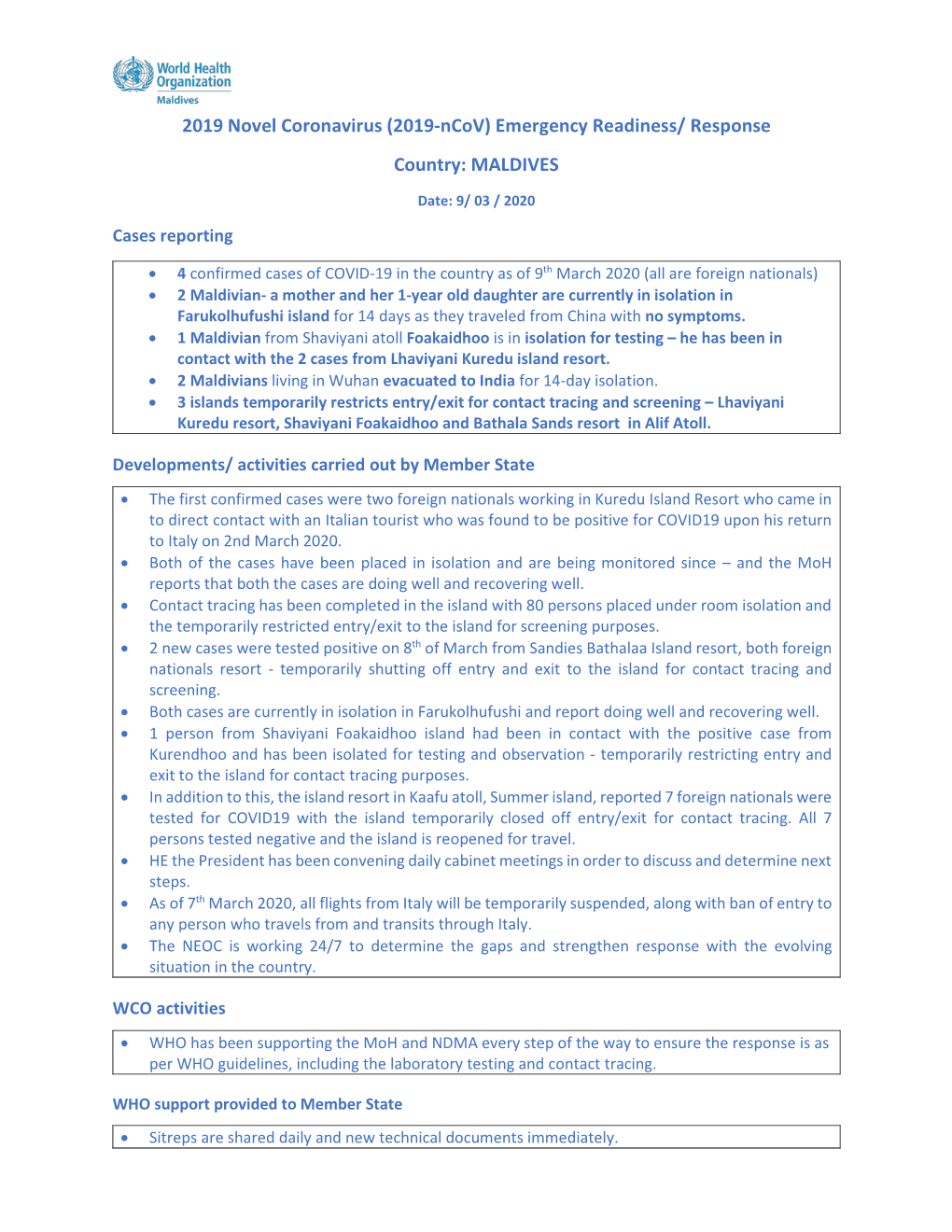 2019 Novel Coronavirus (2019-Ncov) Emergency Readiness/ Response Country: MALDIVES