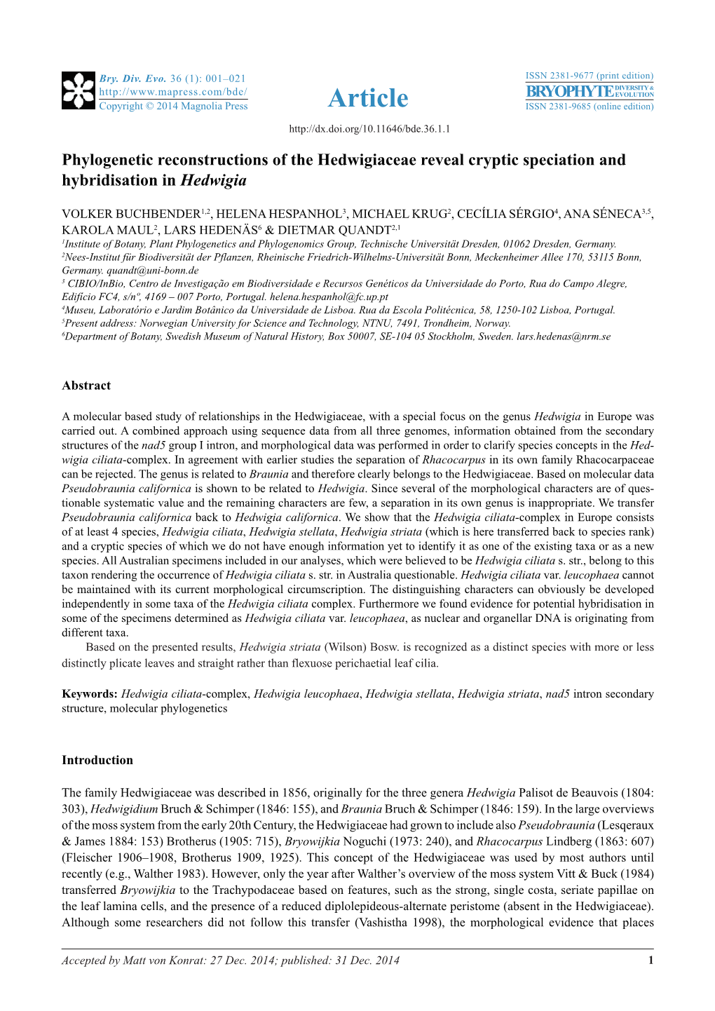 Phylogenetic Reconstructions of the Hedwigiaceae Reveal Cryptic Speciation and Hybridisation in Hedwigia