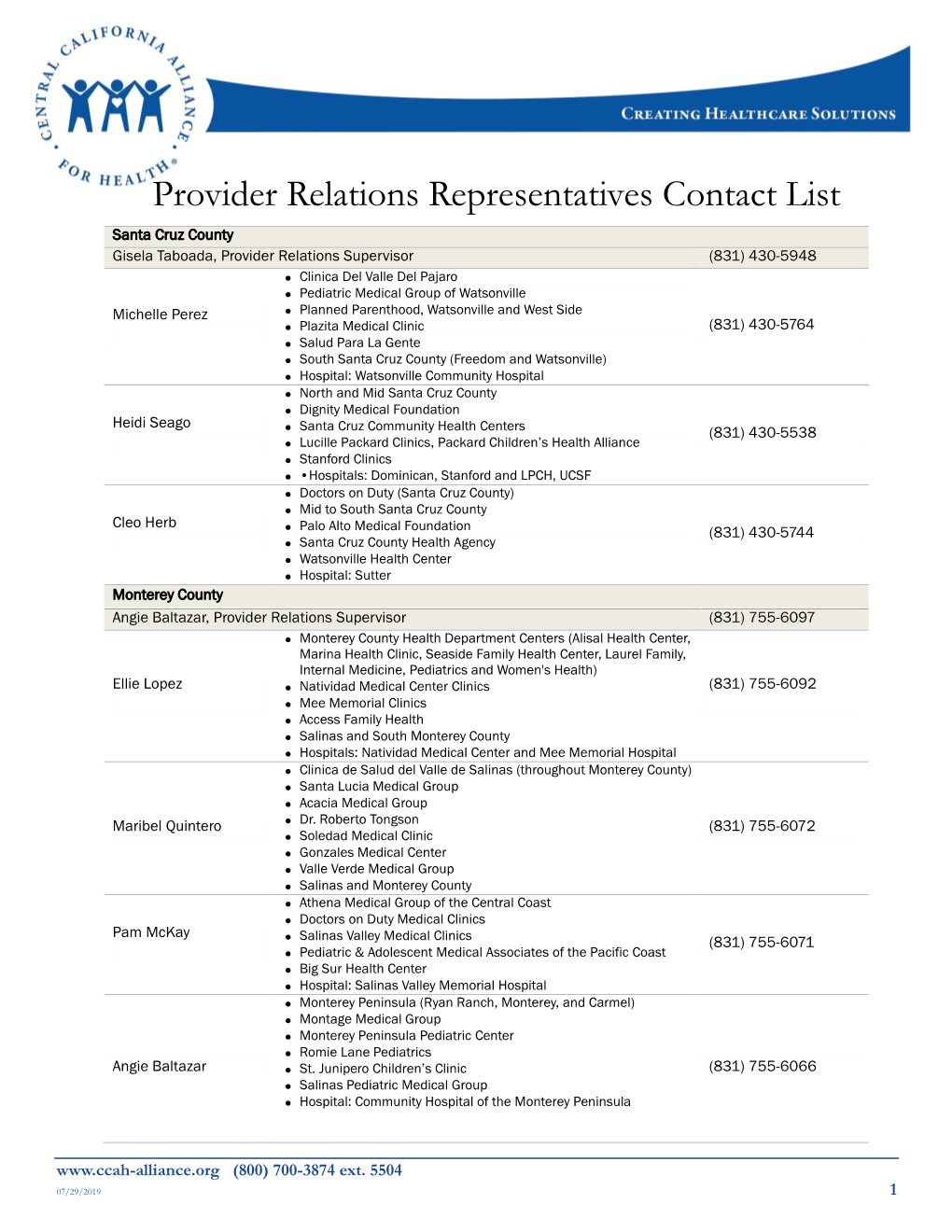 Provider Relations Representatives Contact List