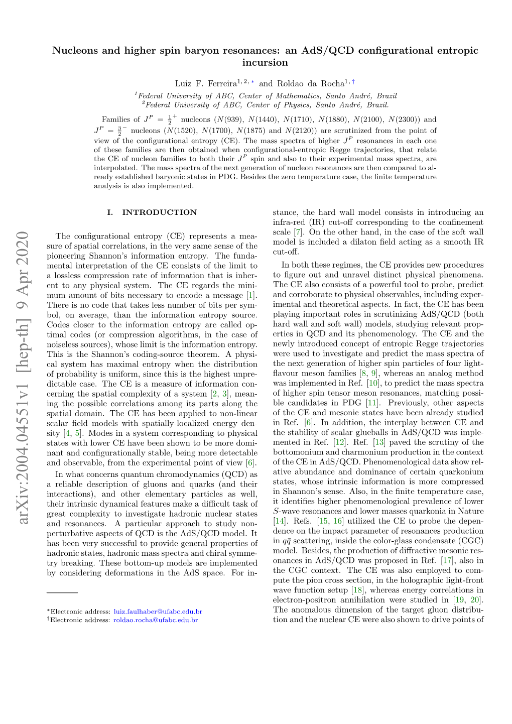 Arxiv:2004.04551V1 [Hep-Th] 9 Apr 2020 and Resonances