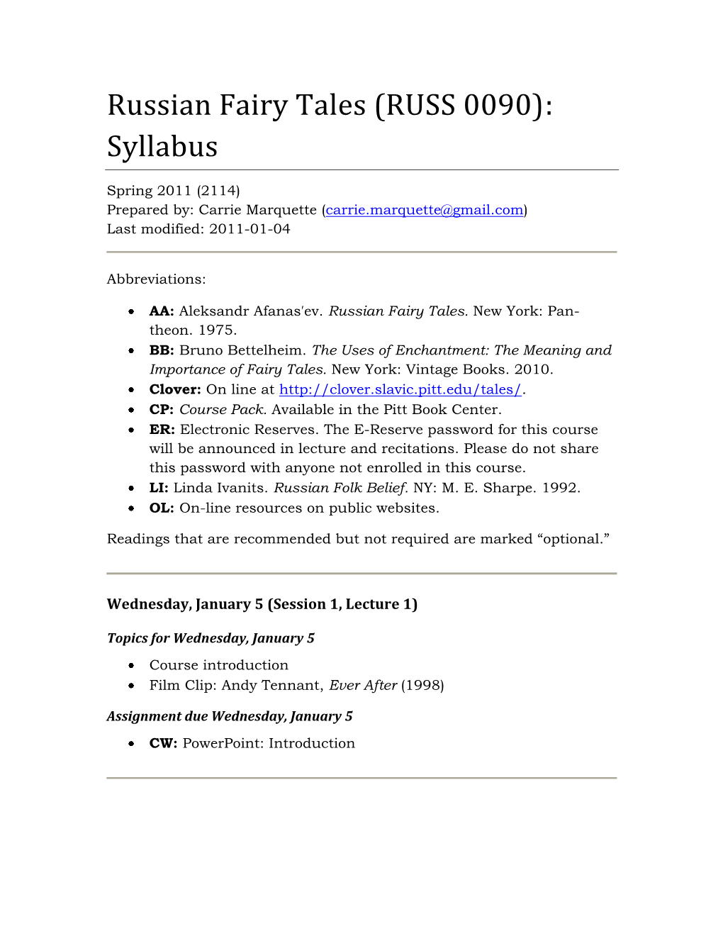 Russian Fairy Tales (RUSS 0090): Syllabus