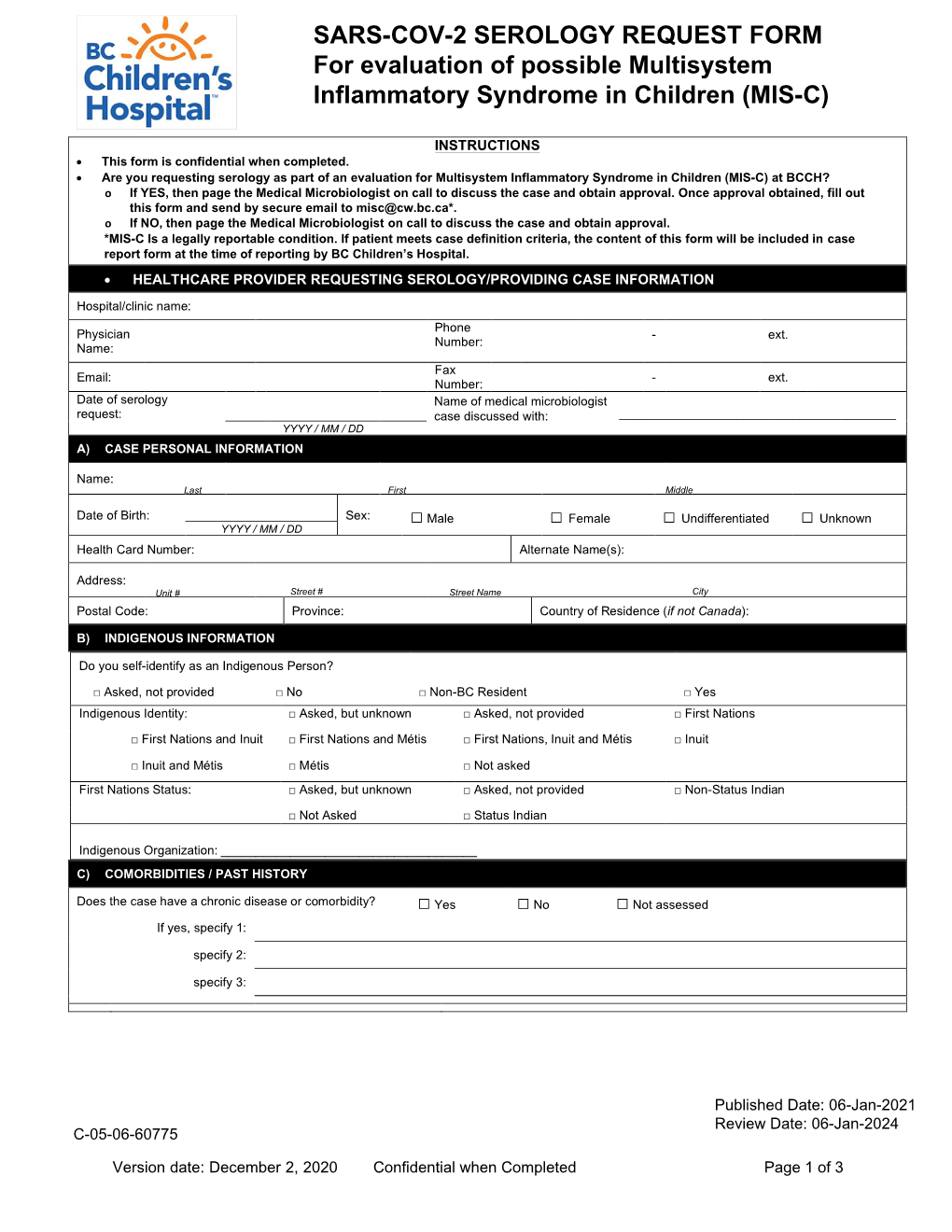 SARS-COV-2 SEROLOGY REQUEST FORM for Evaluation of Possible Multisystem Inflammatory Syndrome in Children (MIS-C)