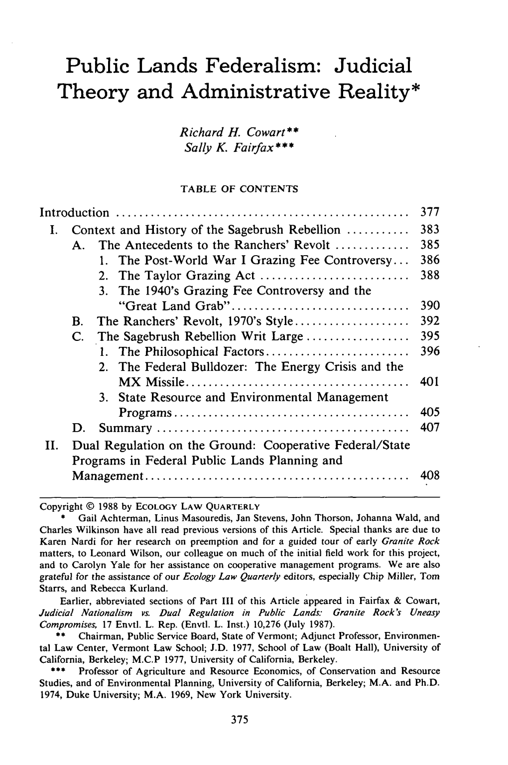 Public Lands Federalism: Judicial Theory and Administrative Reality*