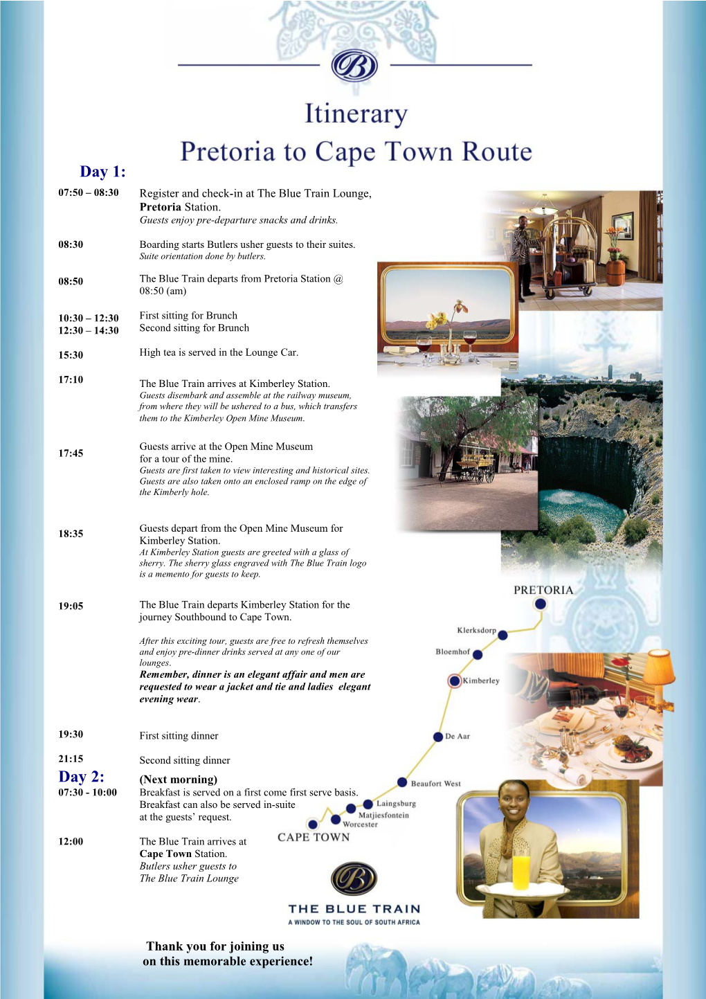 The Blue Train - Itinerary PTA to CT