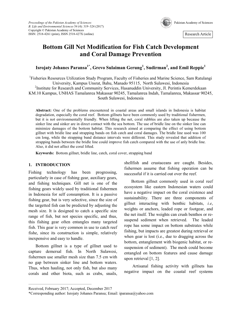 Bottom Gill Net Modification for Fish Catch Development and Coral Damage Prevention