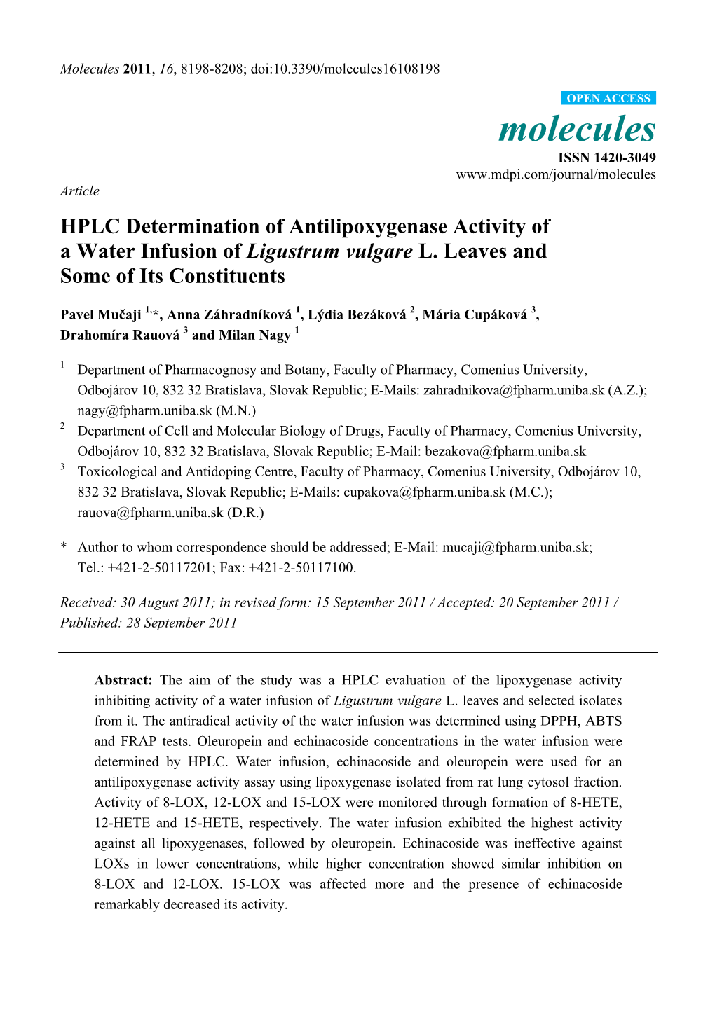 HPLC Determination of Antilipoxygenase Activity of a Water Infusion of Ligustrum Vulgare L