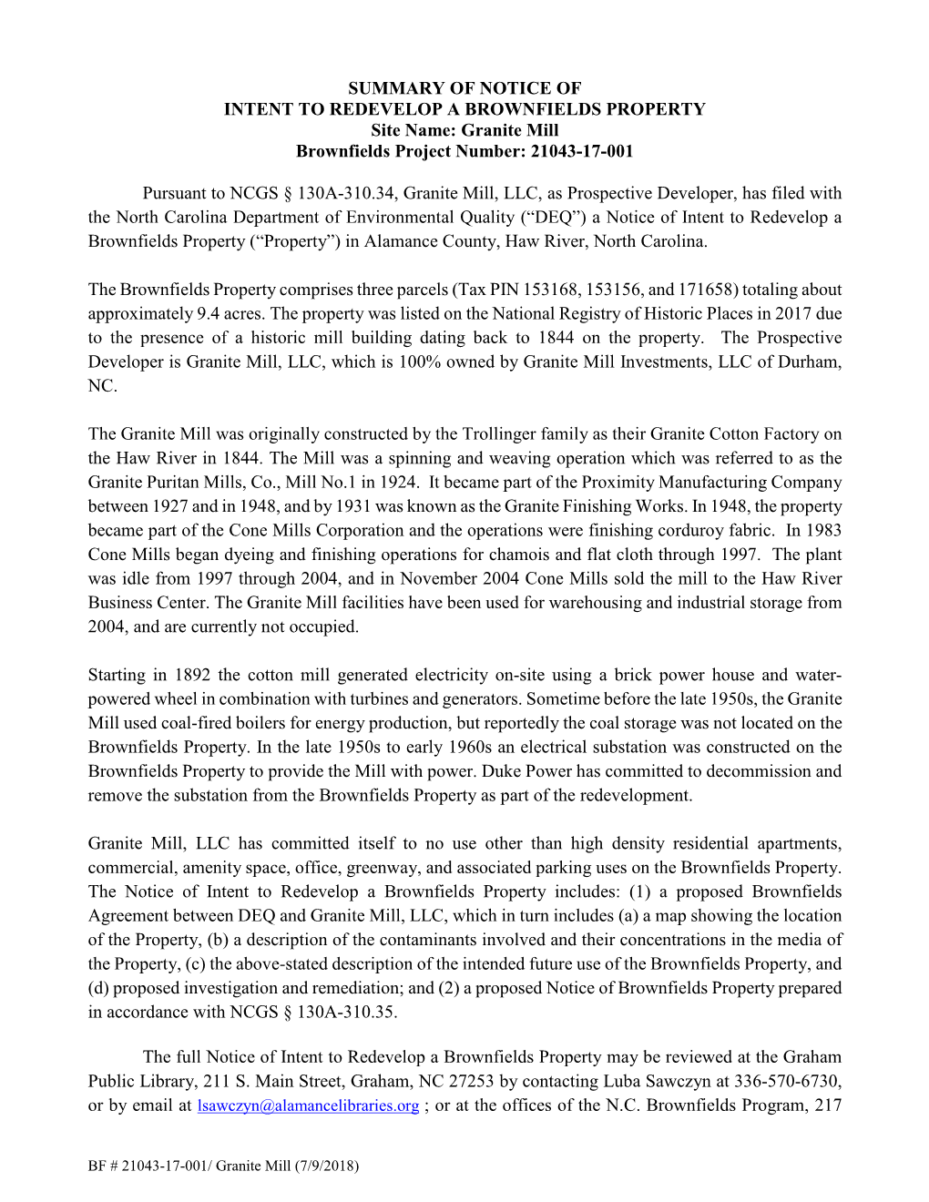 SUMMARY of NOTICE of INTENT to REDEVELOP a BROWNFIELDS PROPERTY Site Name: Granite Mill Brownfields Project Number: 21043-17-001