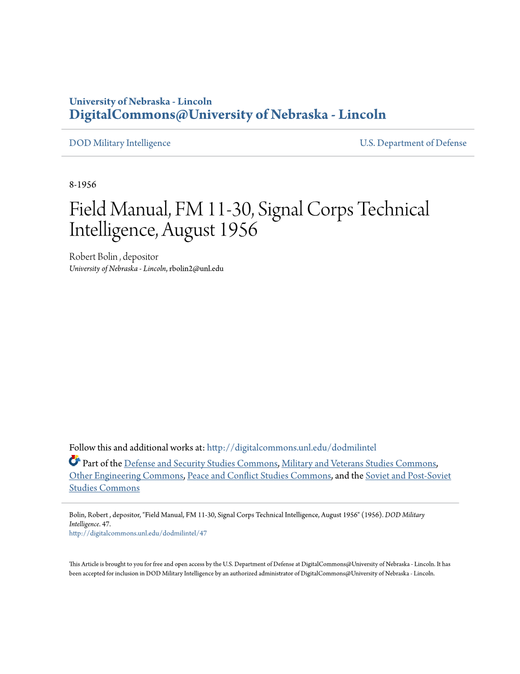 Field Manual, FM 11-30, Signal Corps Technical Intelligence, August 1956 Robert Bolin , Depositor University of Nebraska - Lincoln, Rbolin2@Unl.Edu