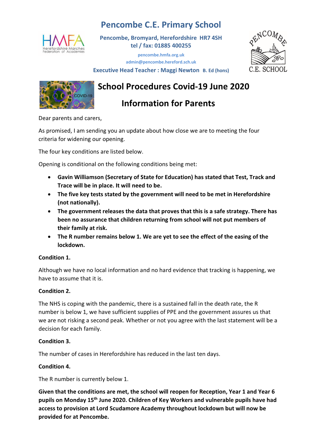 Pencombe Return to School Information – Wednesday 10Th June 2020