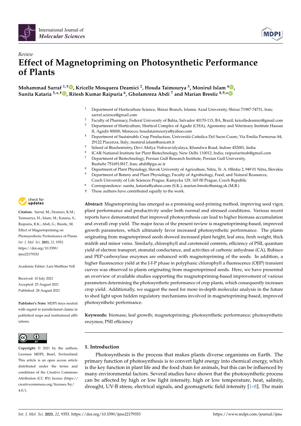 Effect of Magnetopriming on Photosynthetic Performance of Plants