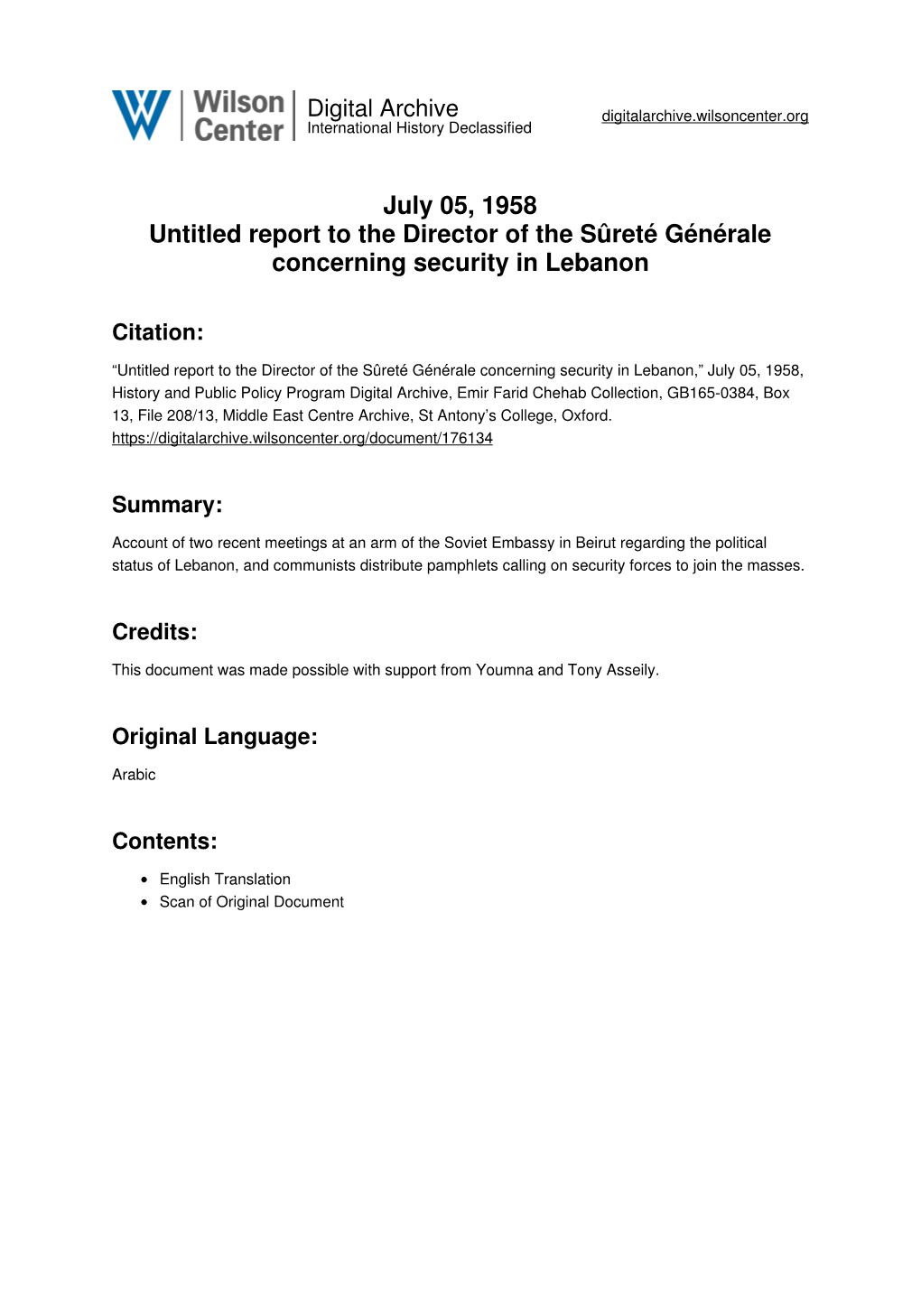 July 05, 1958 Untitled Report to the Director of the Sûreté Générale Concerning Security in Lebanon