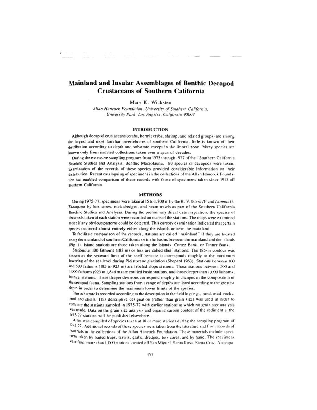 Mainland and Insular Assemblages of Benthic Decapod Crustaceans of Southern California