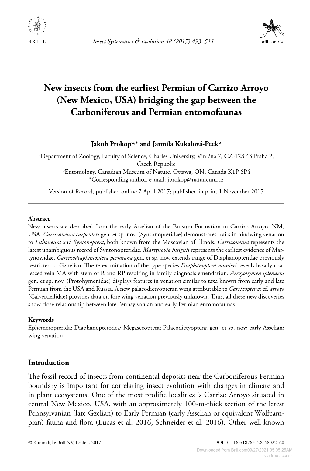 New Insects from the Earliest Permian of Carrizo Arroyo (New Mexico, USA) Bridging the Gap Between the Carboniferous and Permian Entomofaunas