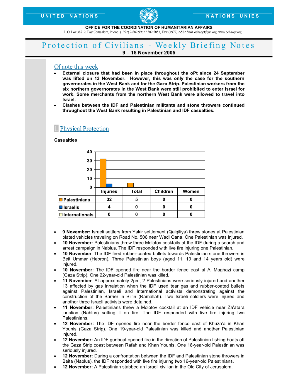 Protection of Civilians - Weekly Briefing Notes 9 – 15 November 2005