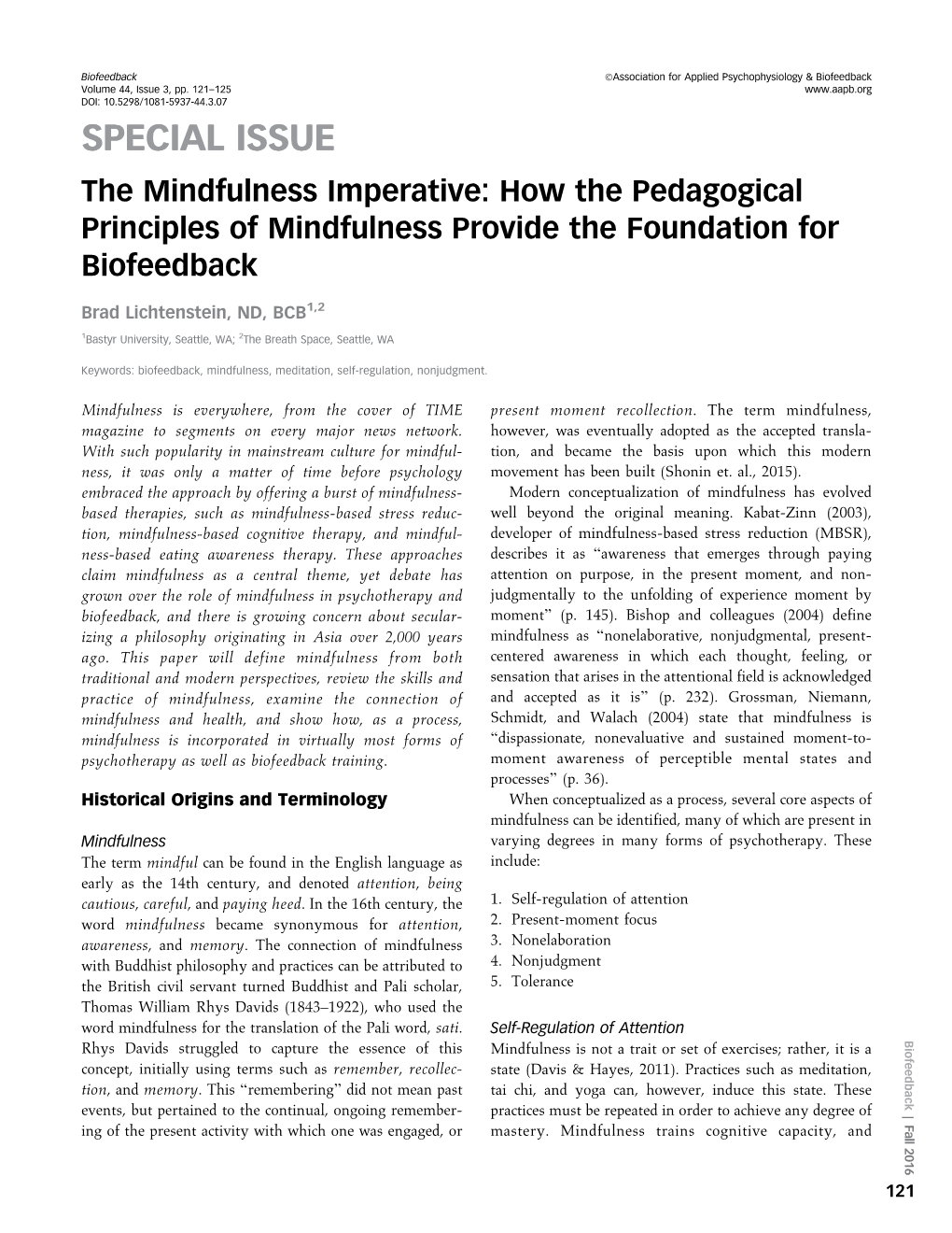 The Mindfulness Imperative: How the Pedagogical Principles of Mindfulness Provide the Foundation for Biofeedback