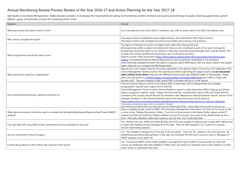 Annual Monitoring Review Process Review of the Year 2016-17 and Action Planning for The