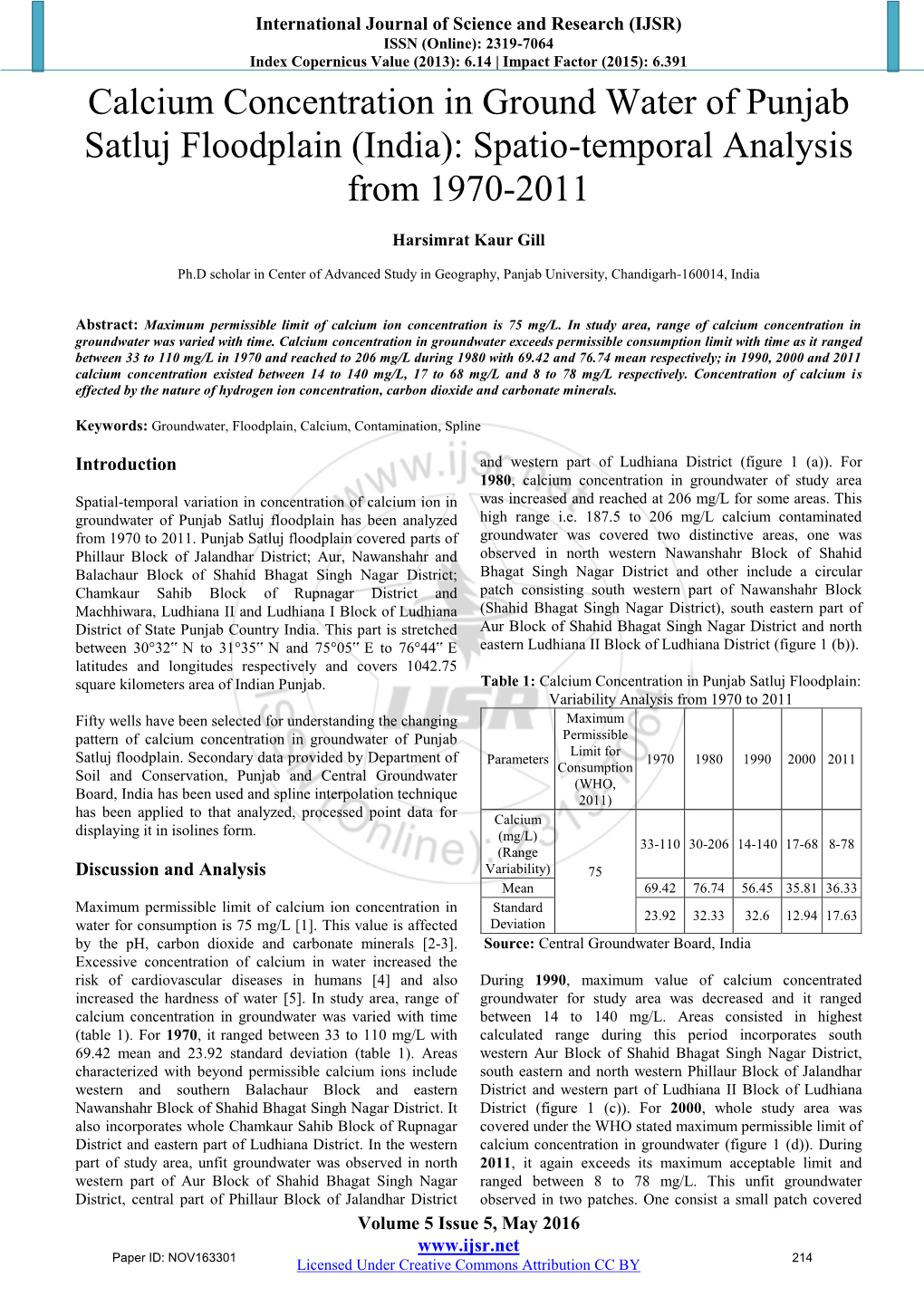 Calcium Concentration in Ground Water of Punjab Satluj Floodplain (India): Spatio-Temporal Analysis from 1970-2011