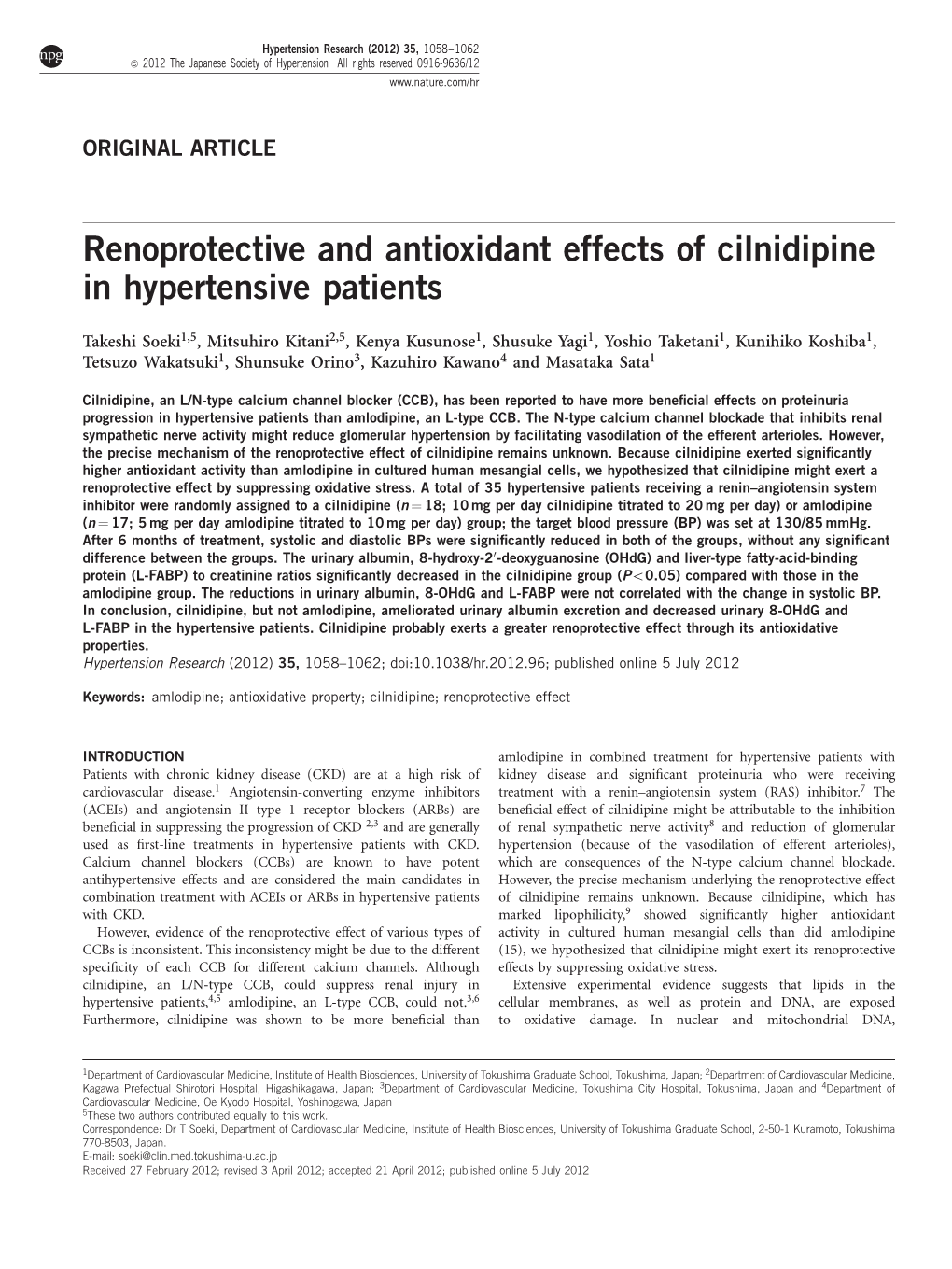 Renoprotective and Antioxidant Effects of Cilnidipine in Hypertensive Patients