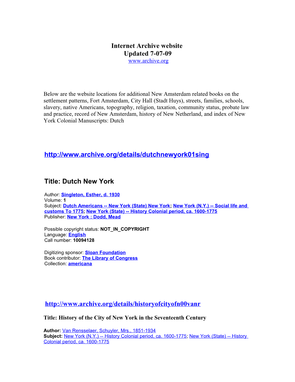 Additional New Amsterdam Related Books Located on Internet Archive Website Www