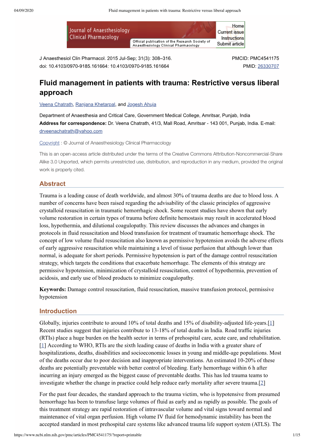Fluid Management in Patients with Trauma: Restrictive Versus Liberal Approach