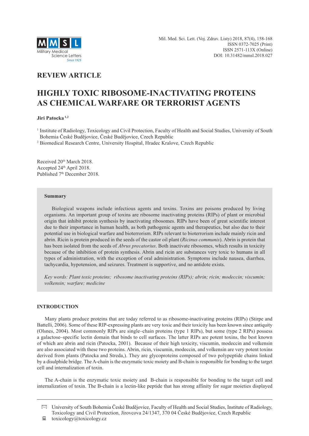 Highly Toxic Ribosome-Inactivating Proteins As Chemical Warfare Or Terrorist Agents